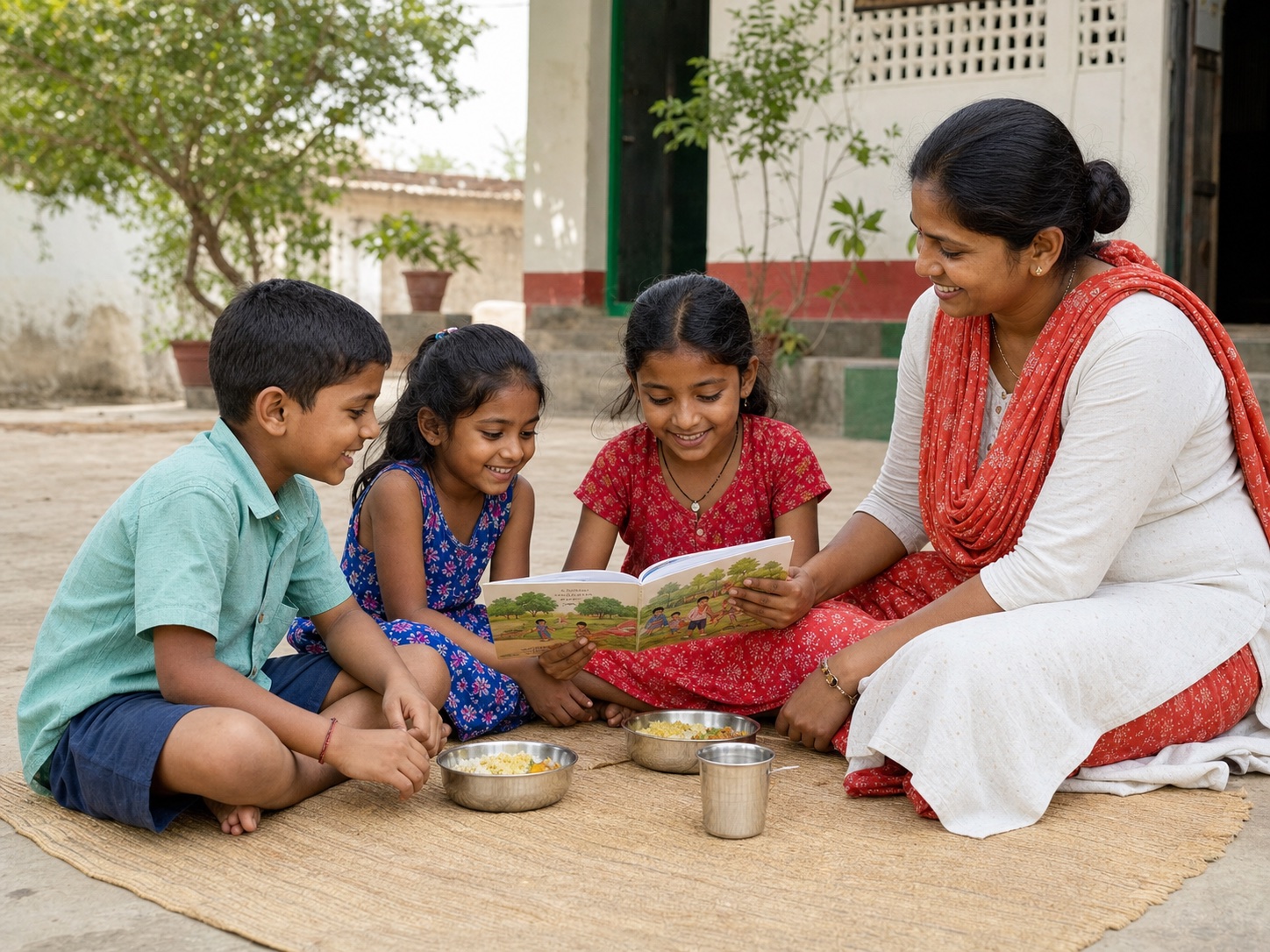 Indian children sharing a meal and reading with a community volunteer